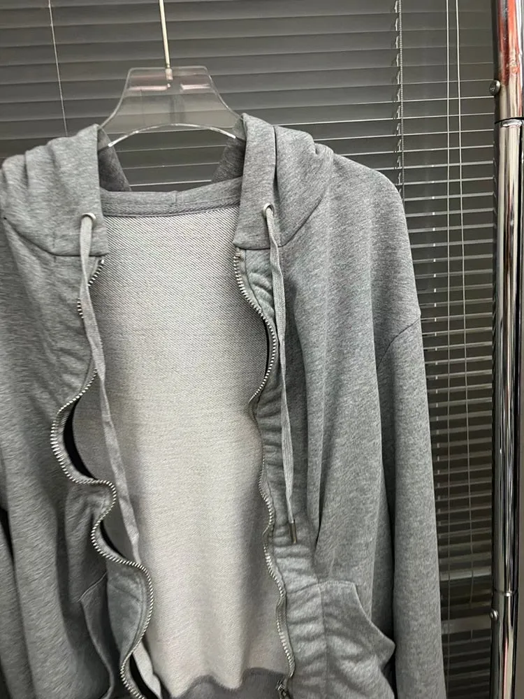 Solid Patchwork Asymmetrical Folds Casual Sweatshirts For Women Hooded Long Sleeve Spliced Zipper Sweatshirt Female