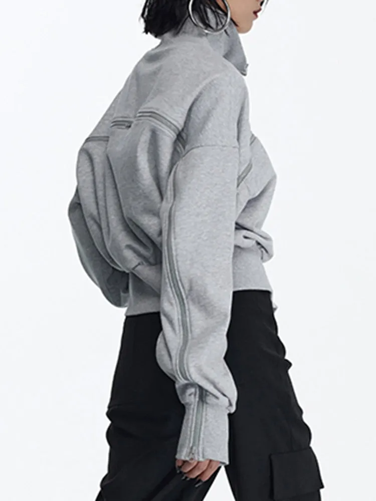Solid Patchwork Zipper Streetwear Sweatshirts For Women Tuntleneck Long Sleeve Pullover Sweatshirt Female Fahion