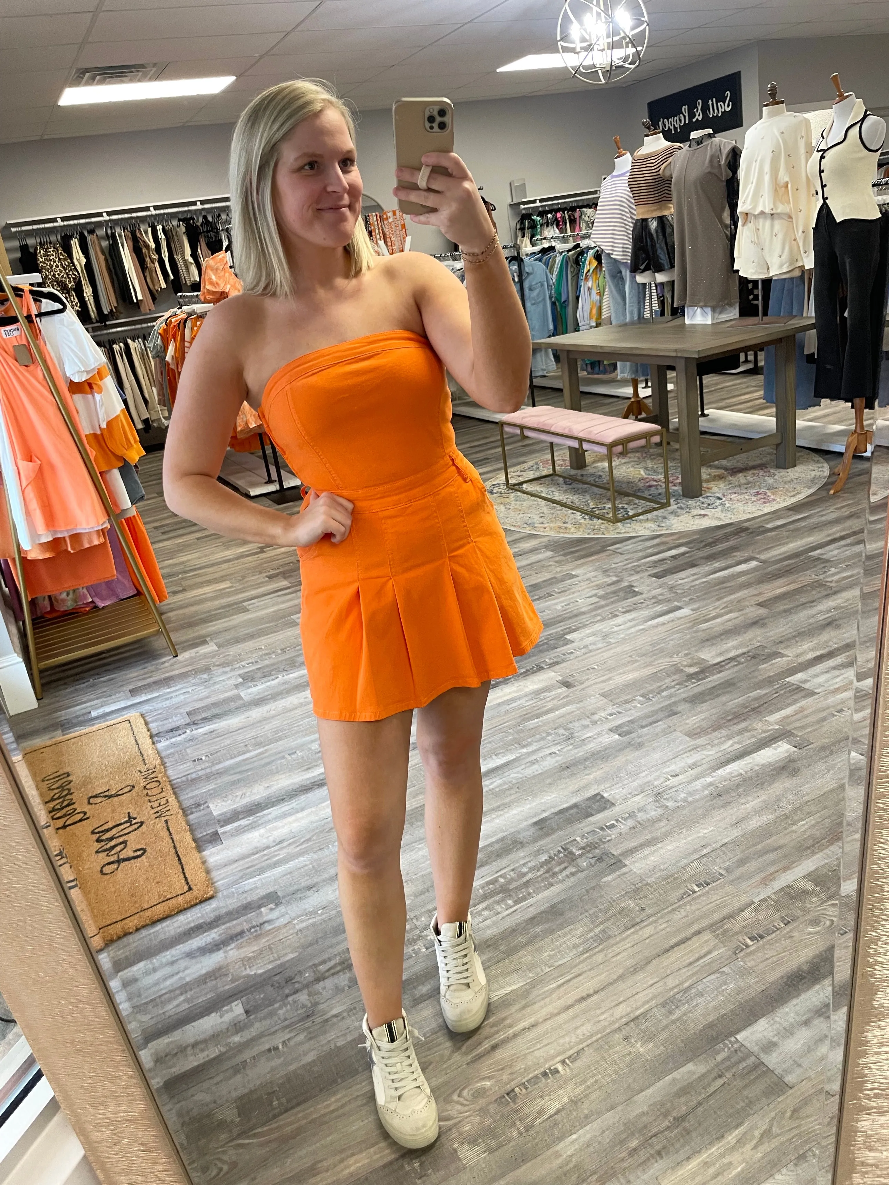 Strapless Denim Romper Dress - Sunkist