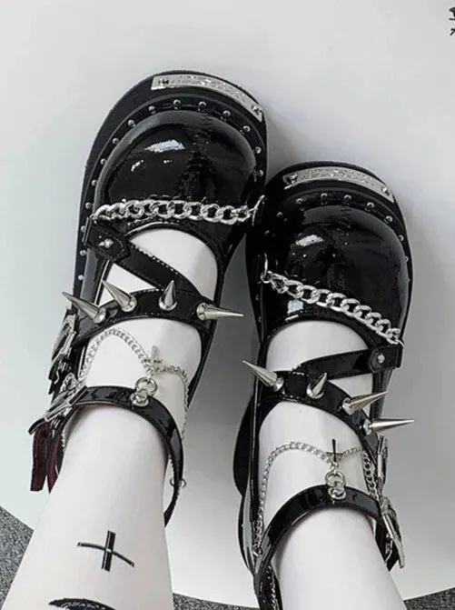 Witch Punk Round Shoes Rivet Dark Rose Platform Toe
