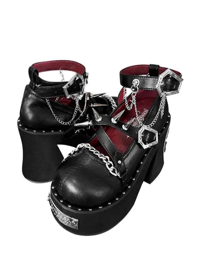 Witch Punk Round Shoes Rivet Dark Rose Platform Toe